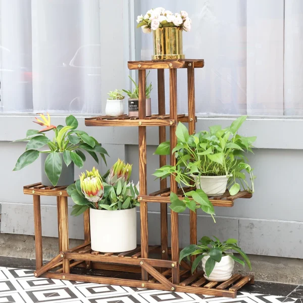 6 Tiered Wood Plant Flower Stand Shelf Planter Pots Shelves Rack Holder Display for Multiple Plants Indoor Outdoor Garden Patio - Image 3