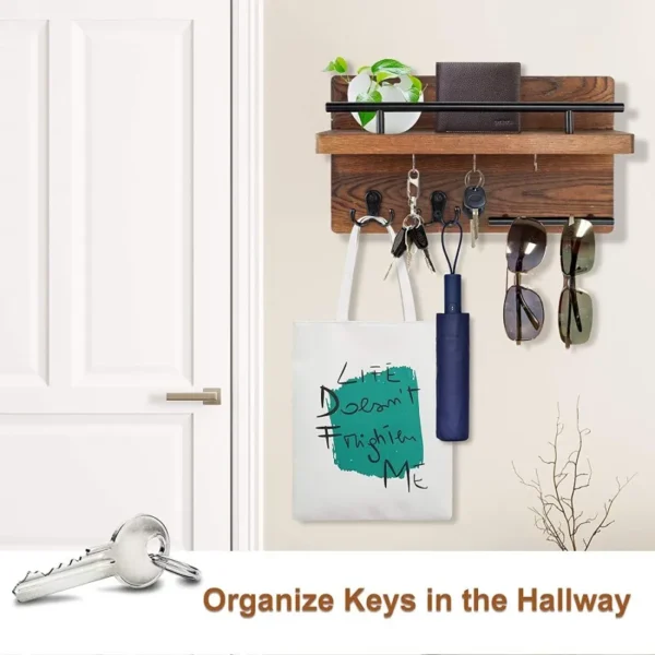 Wooden Wall Key Holder with 5 Hooks Mail Organizer with Shelf Home Decor for Entryway Hallway - Image 5