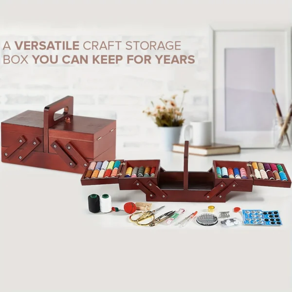 1pcs Wooden Expandable Sewing Box Sewing Kit Storage Box with Handle, Embroidery Kit Wooden Sewing Basket - Image 5