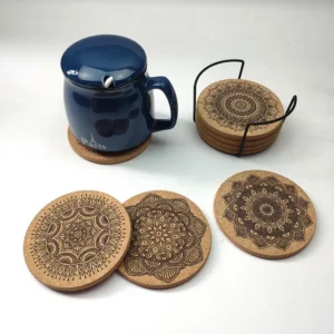 6Pcs/set Round Cork Coaster Creative Mandala Design Wooden Coasters With Rack Heat Insulation Coasters Kitchen Gadgets