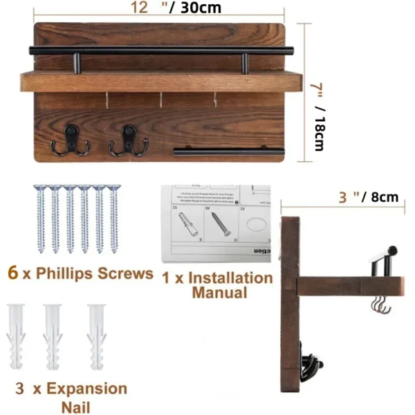 Wooden Wall Key Holder with 5 Hooks Mail Organizer with Shelf Home Decor for Entryway Hallway - Image 6