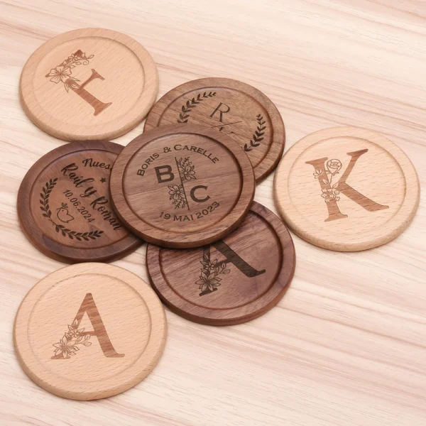 6Pcs/Set Free Customized Engraving Walnut Wood Coasters Placemats Decor Round Heat Japanese Style Drink Coaster Home Decoration - Image 4