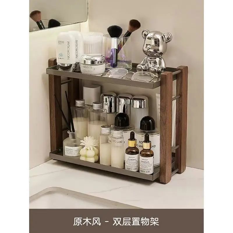 New Walnut Storage Rack 2-layer Bathroom Organization Sink Skincare Products Water Bottles Desktop Shelf Nordic Simple Holders - Image 7