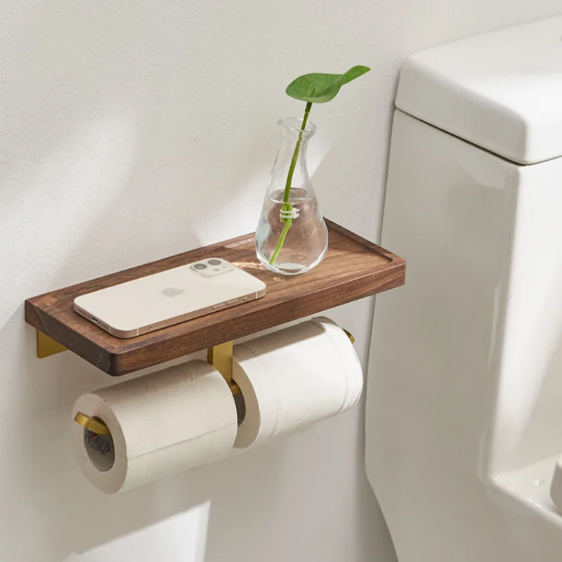 Self Adhesive Toilet Paper Holder Wooden Wall Mount Tissue Towel Roll Dispenser Luxury Paper Storage Holder Bathroom Wall Tray