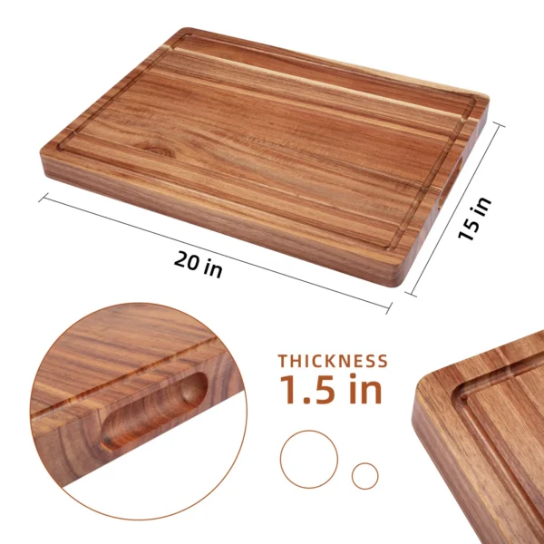 Acacia Extra Large Wood Cutting Board, Wooden Kitchen Block, Cheese Charcuterie Board, with Side Handles and Juice Grooves - Image 2