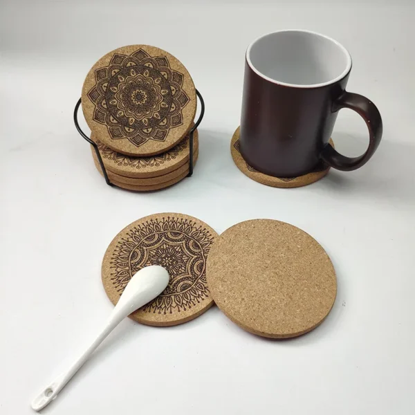 6Pcs/set Round Cork Coaster Creative Mandala Design Wooden Coasters With Rack Heat Insulation Coasters Kitchen Gadgets - Image 3