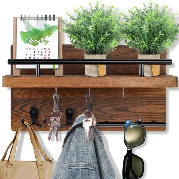 Wooden Wall Key Holder with 5 Hooks Mail Organizer with Shelf Home Decor for Entryway Hallway - Image 3