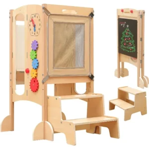 Preschool Tower, Foldable Kitchen Stool Assistant for Preschool Children, with 2-step Stool, Safety Net, Adjustable Height