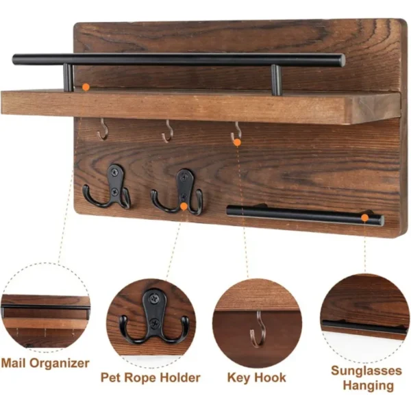 Wooden Wall Key Holder with 5 Hooks Mail Organizer with Shelf Home Decor for Entryway Hallway - Image 4