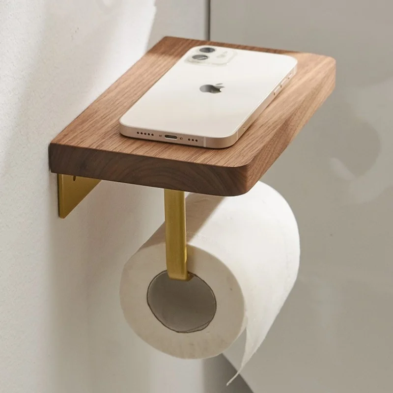 Self Adhesive Toilet Paper Holder Wooden Wall Mount Tissue Towel Roll Dispenser Luxury Paper Storage Holder Bathroom Wall Tray - Image 2