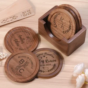 6Pcs/Set Free Customized Engraving Walnut Wood Coasters Placemats Decor Round Heat Japanese Style Drink Coaster Home Decoration
