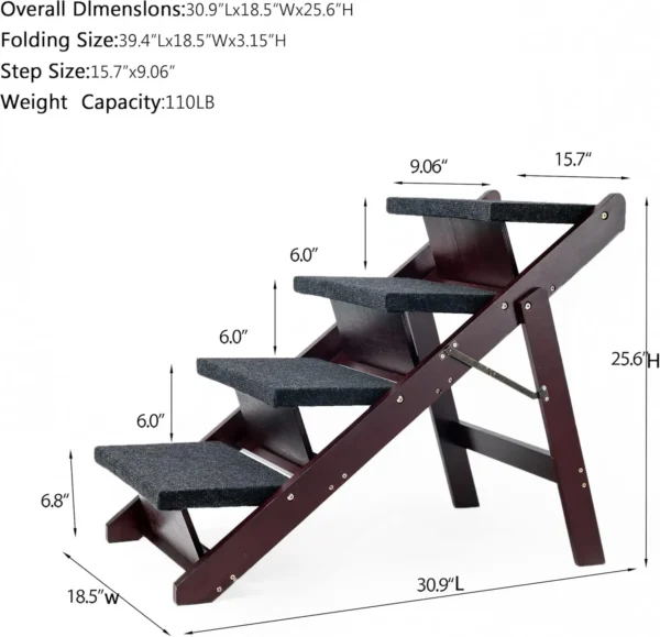 Wooden Pet Stairs/Pet Steps - 2-in-1 Foldable Stairs & Ramp for Beds and Cars - Portable Dog/Cat Ladder Up to 110 Pounds - Image 6