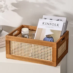 Kitchen Desktop Solid Wood Storage Box Retro Rattan Basket Book Snacks Cosmetics Organizer home appliance Bathroom Accessories