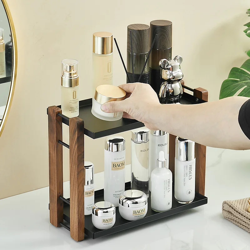 New Walnut Storage Rack 2-layer Bathroom Organization Sink Skincare Products Water Bottles Desktop Shelf Nordic Simple Holders - Image 2