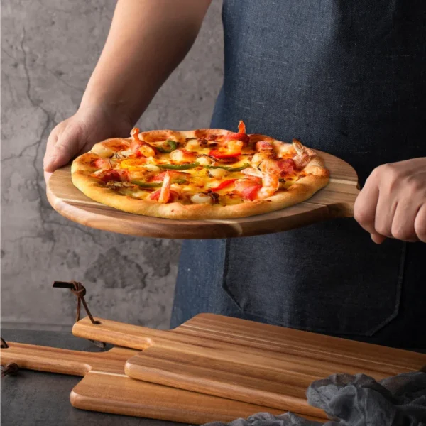 Acacia Wood Cutting Board with Handle,Round Pizza Paddle Serving Chopping Block,Cheese Fruit Vegetables Bread Charcuterie Holder - Image 3
