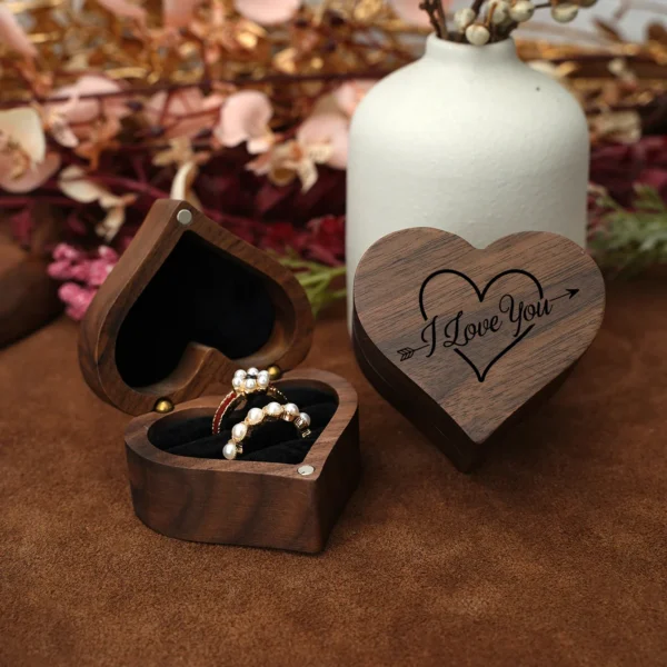 Vintage Wood Heart-Shaped Ring Jewelry Box, Magnetic Jewelry Organizer with Drawer, Wedding Engagement Gift, Ring Storage Case - Image 3