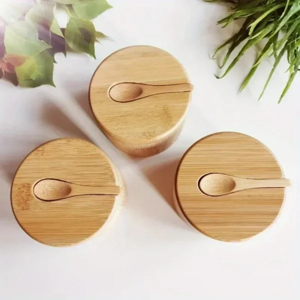 Salt Seasoning Jars Pepper Jar Bamboo Condiment Box Bowl Storage Pot Set Wood Sugar Container Holder Lid Function Multi Bowls - Image 4