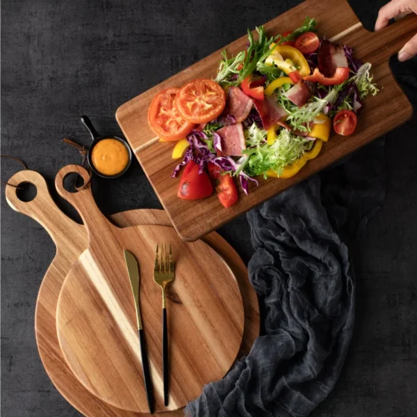 Acacia Wood Cutting Board with Handle,Round Pizza Paddle Serving Chopping Block,Cheese Fruit Vegetables Bread Charcuterie Holder - Image 4