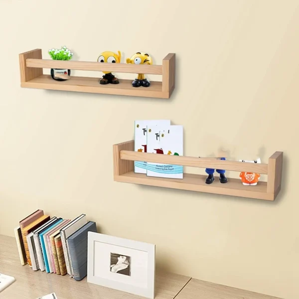 2Pcs Bookshelf Natural Wood Floating Wall Bookshelf for Kids Nursery Shelves for Wall Bathroom Decor Kitchen Spice Rack - Image 4