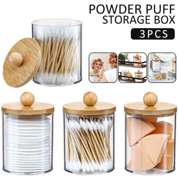 3Pcs Acrylic Cotton Swab Storage Box Qtip Dispenser With Wood Trays Transparent Bathroom Jar Makeup Organizer Holder New - Image 6