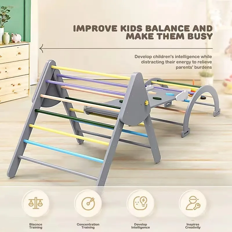 Indoor wooden pickpocket triangle children climbing triangle with ramp slide walker climbing frame with ramp set - Image 4