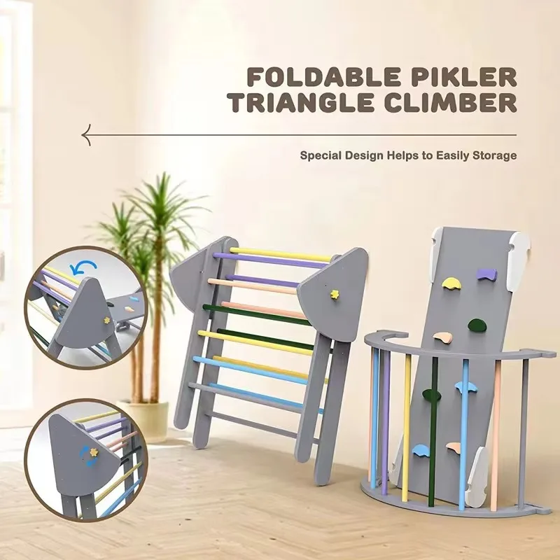 Indoor wooden pickpocket triangle children climbing triangle with ramp slide walker climbing frame with ramp set - Image 3