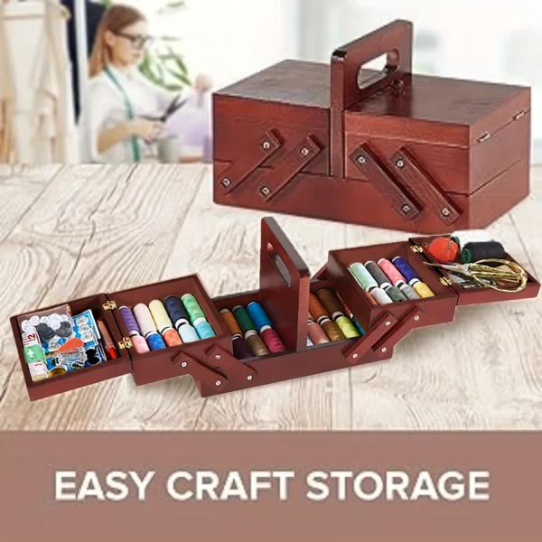 1pcs Wooden Expandable Sewing Box Sewing Kit Storage Box with Handle, Embroidery Kit Wooden Sewing Basket - Image 3