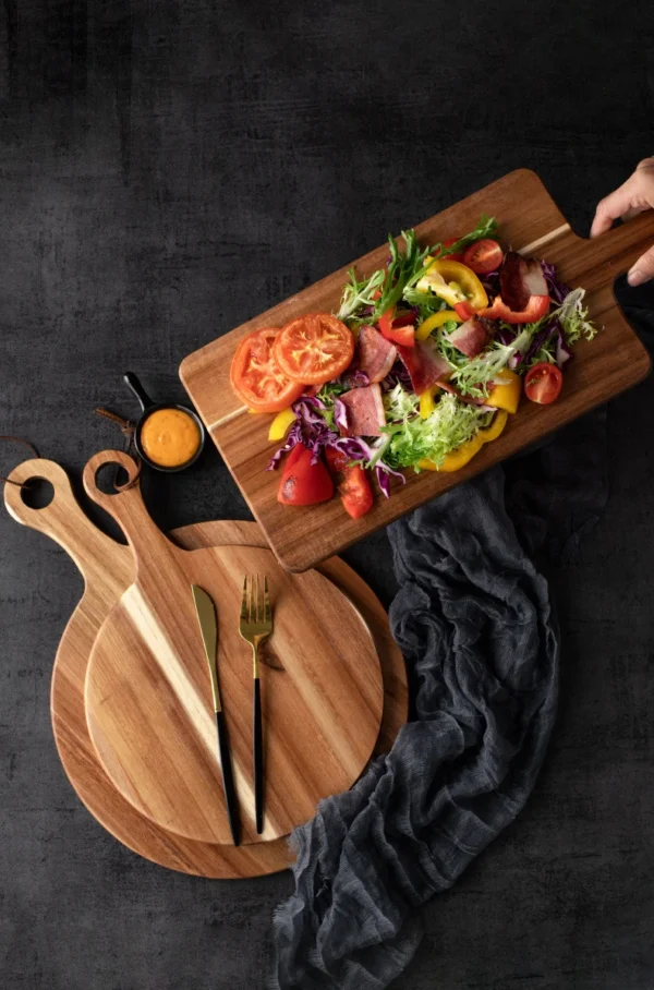Acacia Wood Cutting Board with Handle,Round Pizza Paddle Serving Chopping Block,Cheese Fruit Vegetables Bread Charcuterie Holder - Image 14