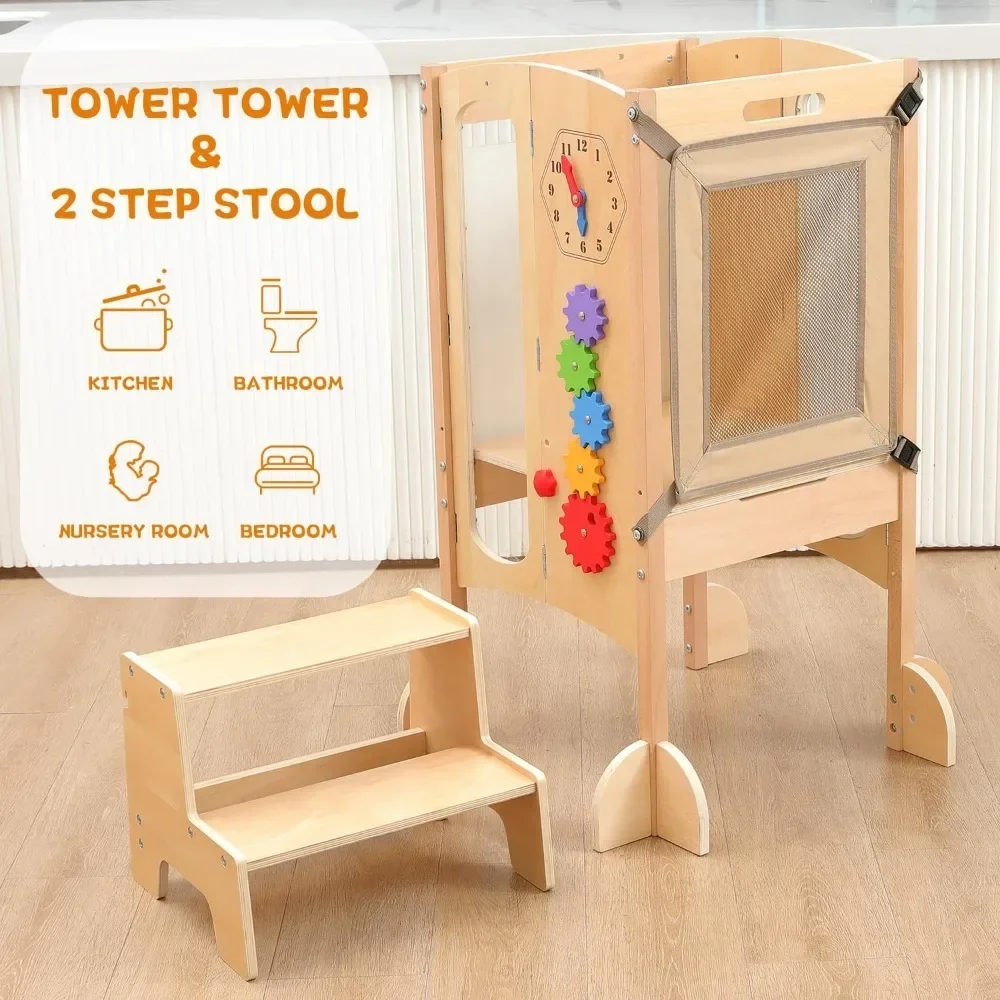Preschool Tower, Foldable Kitchen Stool Assistant for Preschool Children, with 2-step Stool, Safety Net, Adjustable Height - Image 5