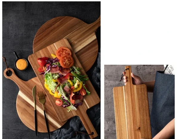 Acacia Wood Cutting Board with Handle,Round Pizza Paddle Serving Chopping Block,Cheese Fruit Vegetables Bread Charcuterie Holder - Image 12