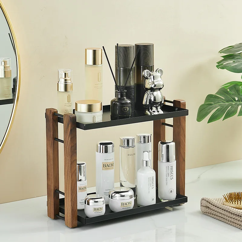 New Walnut Storage Rack 2-layer Bathroom Organization Sink Skincare Products Water Bottles Desktop Shelf Nordic Simple Holders - Image 3