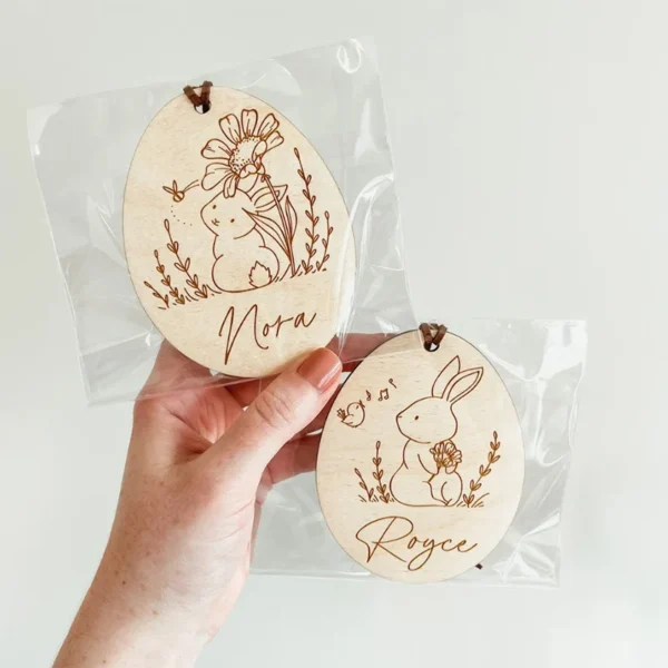 Personalized Bunny Rabbit Wooden Sign Gift Egg Hunt Basket Bucket Bag Name Tag spring Easter Ornament Family Kid Boy Girl Gift - Image 4