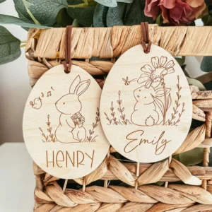 Personalized Bunny Rabbit Wooden Sign Gift Egg Hunt Basket Bucket Bag Name Tag spring Easter Ornament Family Kid Boy Girl Gift