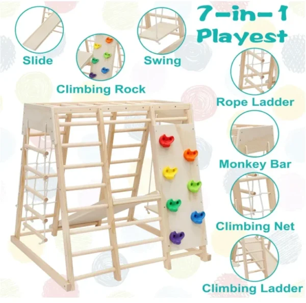 Wooden Children Climbing Frame Indoor Toy Set With Wooden Slide Swing Rock Climbing - Image 4