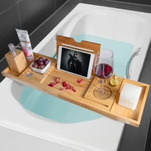 Extendable Bamboo Spa Bathtub Tray, Caddy Organizer Rack, Book Wine Tablet Holder, Nonslip Bottom Bath Tub Tray Shelf