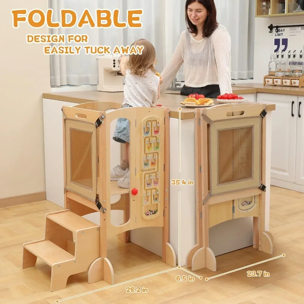 Preschool Tower, Foldable Kitchen Stool Assistant for Preschool Children, with 2-step Stool, Safety Net, Adjustable Height - Image 2