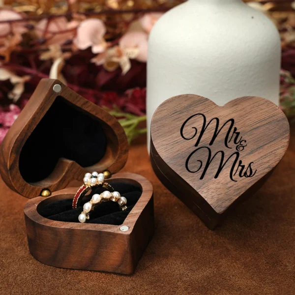 Vintage Wood Heart-Shaped Ring Jewelry Box, Magnetic Jewelry Organizer with Drawer, Wedding Engagement Gift, Ring Storage Case - Image 7
