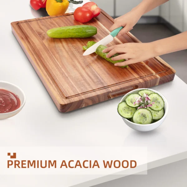 Acacia Extra Large Wood Cutting Board, Wooden Kitchen Block, Cheese Charcuterie Board, with Side Handles and Juice Grooves - Image 5
