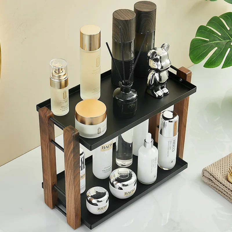 New Walnut Storage Rack 2-layer Bathroom Organization Sink Skincare Products Water Bottles Desktop Shelf Nordic Simple Holders - Image 4