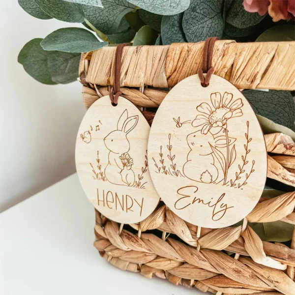 Personalized Bunny Rabbit Wooden Sign Gift Egg Hunt Basket Bucket Bag Name Tag spring Easter Ornament Family Kid Boy Girl Gift - Image 3