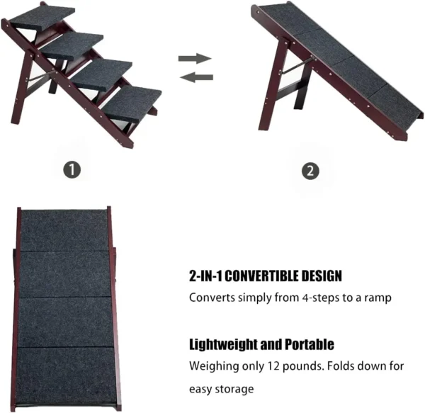 Wooden Pet Stairs/Pet Steps - 2-in-1 Foldable Stairs & Ramp for Beds and Cars - Portable Dog/Cat Ladder Up to 110 Pounds - Image 3