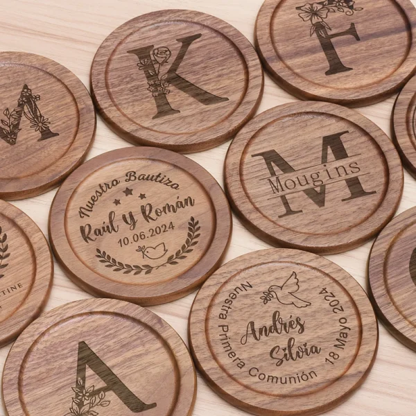 6Pcs/Set Free Customized Engraving Walnut Wood Coasters Placemats Decor Round Heat Japanese Style Drink Coaster Home Decoration - Image 2