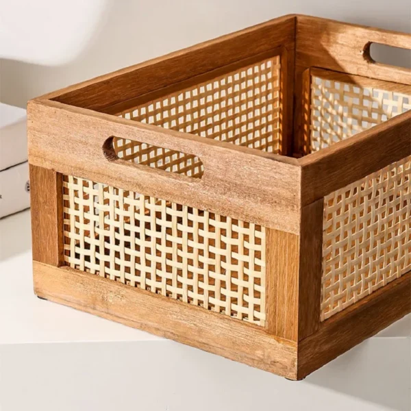 Kitchen Desktop Solid Wood Storage Box Retro Rattan Basket Book Snacks Cosmetics Organizer home appliance Bathroom Accessories - Image 5