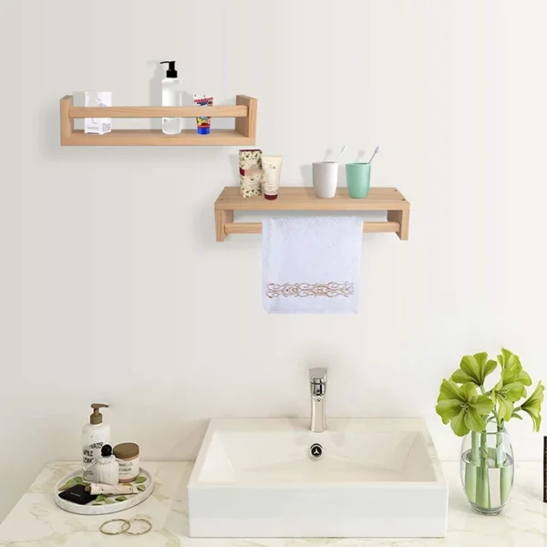 2Pcs Bookshelf Natural Wood Floating Wall Bookshelf for Kids Nursery Shelves for Wall Bathroom Decor Kitchen Spice Rack - Image 2