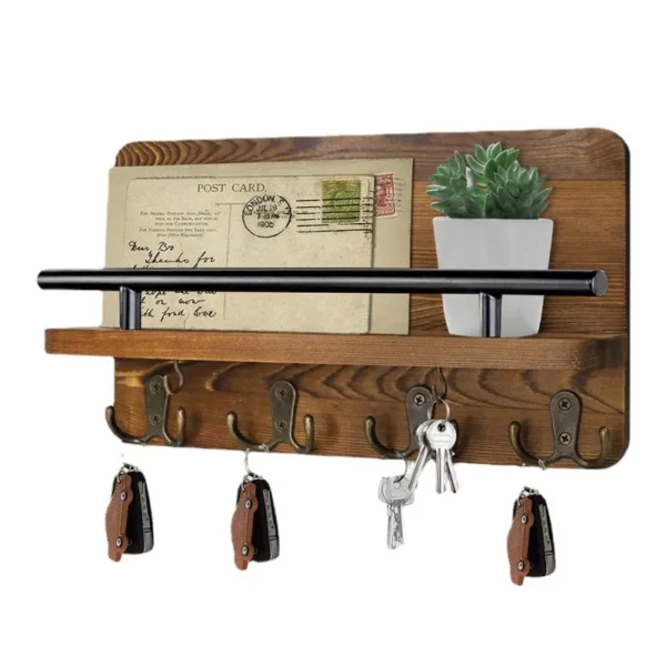 Wooden Wall Key Holder with 5 Hooks Mail Organizer with Shelf Home Decor for Entryway Hallway - Image 2