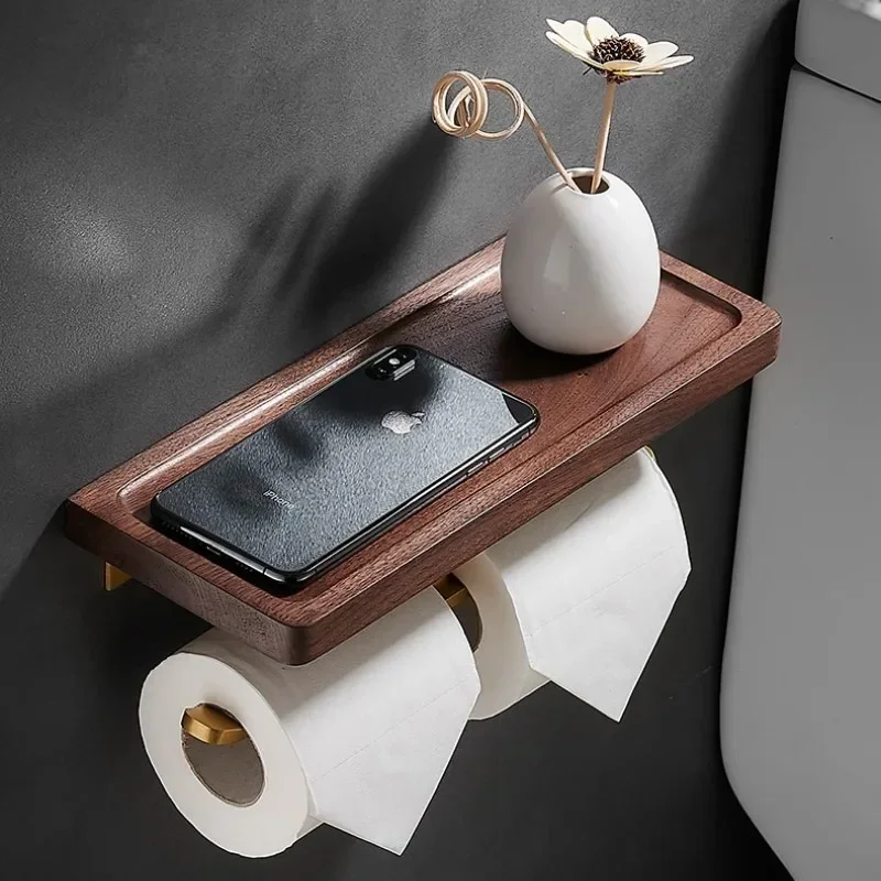 Self Adhesive Toilet Paper Holder Wooden Wall Mount Tissue Towel Roll Dispenser Luxury Paper Storage Holder Bathroom Wall Tray - Image 4