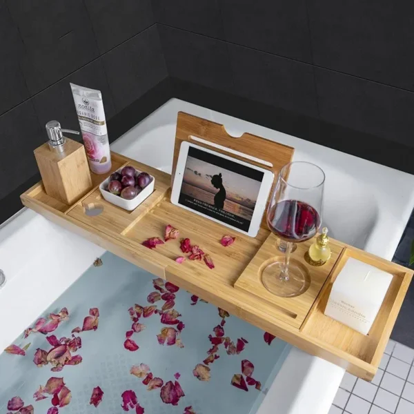 Extendable Bamboo Spa Bathtub Tray, Caddy Organizer Rack, Book Wine Tablet Holder, Nonslip Bottom Bath Tub Tray Shelf - Image 2
