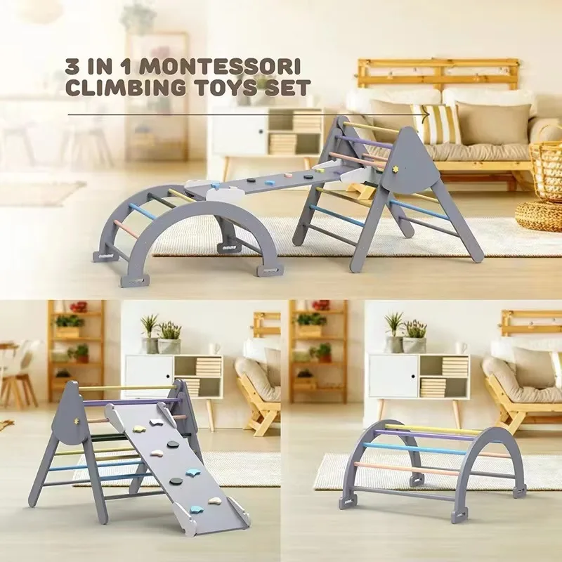 Indoor wooden pickpocket triangle children climbing triangle with ramp slide walker climbing frame with ramp set - Image 2