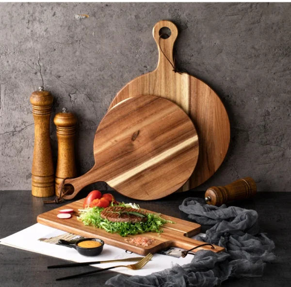 Acacia Wood Cutting Board with Handle,Round Pizza Paddle Serving Chopping Block,Cheese Fruit Vegetables Bread Charcuterie Holder - Image 13