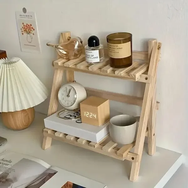 1pc Bilayer Wooden Storage Shelf  Desktop Organizer Shelves Trapezoidal Desk Display Rack Desktop Stationary Office Storage Rack